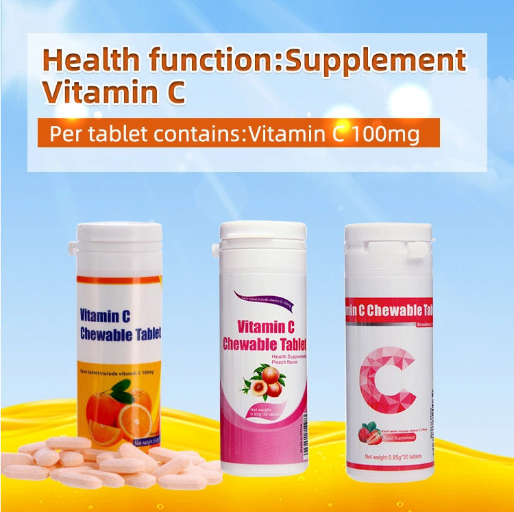 OEM 사설 레이블 피부 백제 면역 보충제 맞춤 비타민 C 100mg 500mg 씹을 수 있는 태블릿